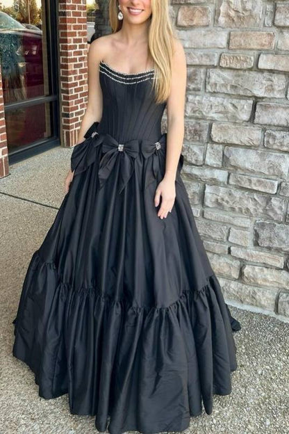 Black Strapless Beaded Ruffle Prom Dress with Bow