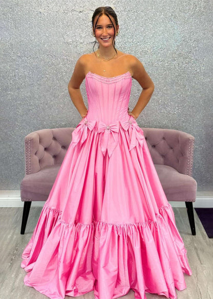 Black Strapless Beaded Ruffle Prom Dress with Bow