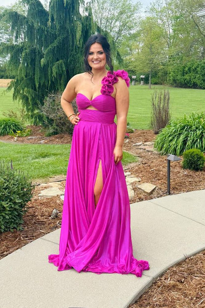 Keyhole Pleated Slit Prom Dress with One Shoulder