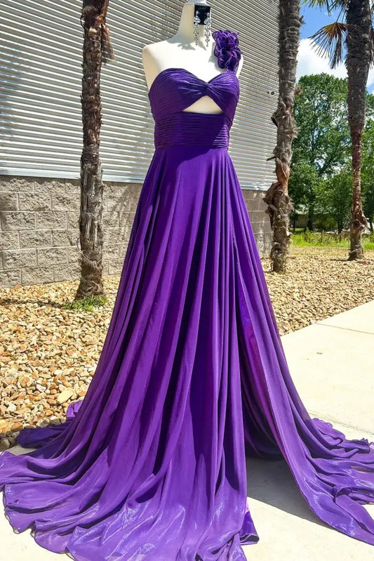 Keyhole Pleated Slit Prom Dress with One Shoulder