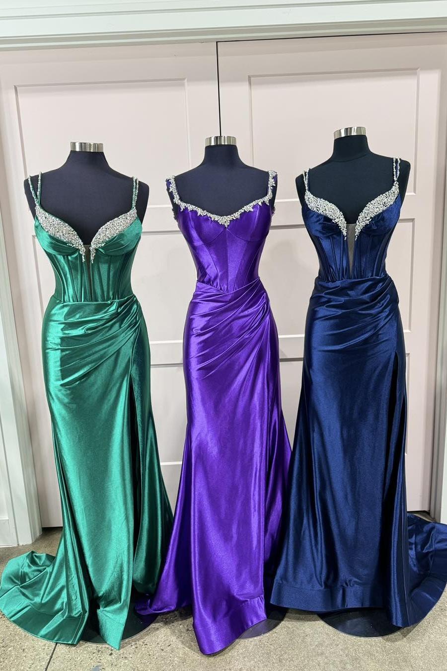 Hot Pink Corset Beaded Mermaid Prom Dress with Slit
