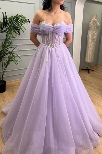 Lavender Beaded A-Line Tulle Prom Dress with Off Shoulder