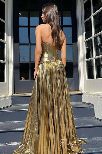 Blue Metallic Pleated A-Line Prom Dress with Slit
