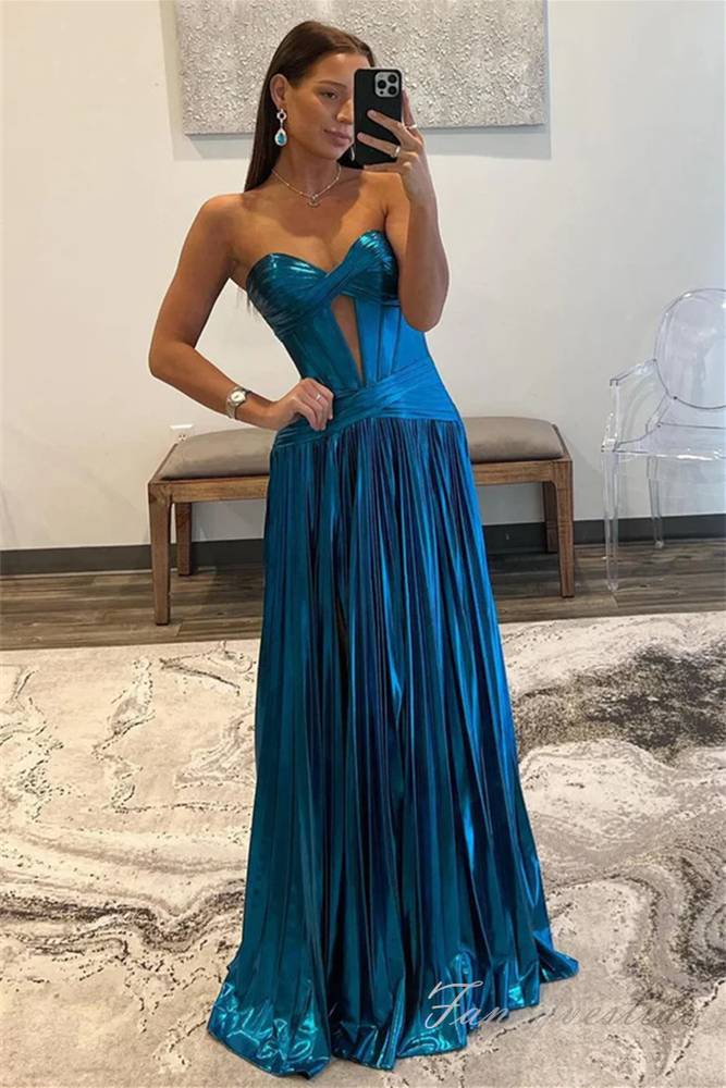 Blue Metallic Pleated A-Line Prom Dress with Slit