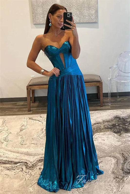 Blue Metallic Pleated A-Line Prom Dress with Slit