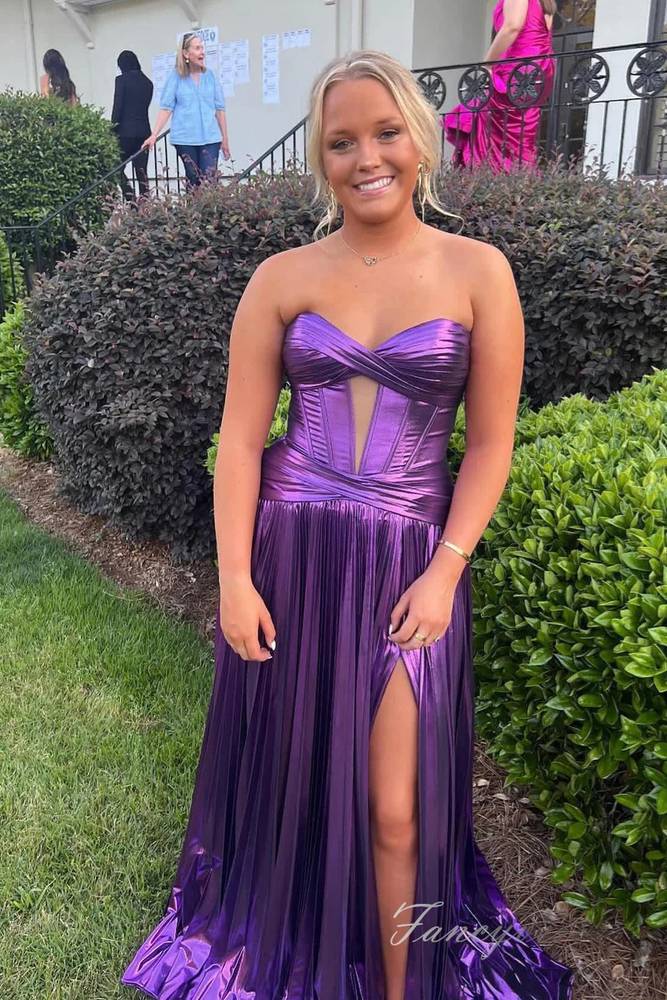 Blue Metallic Pleated A-Line Prom Dress with Slit