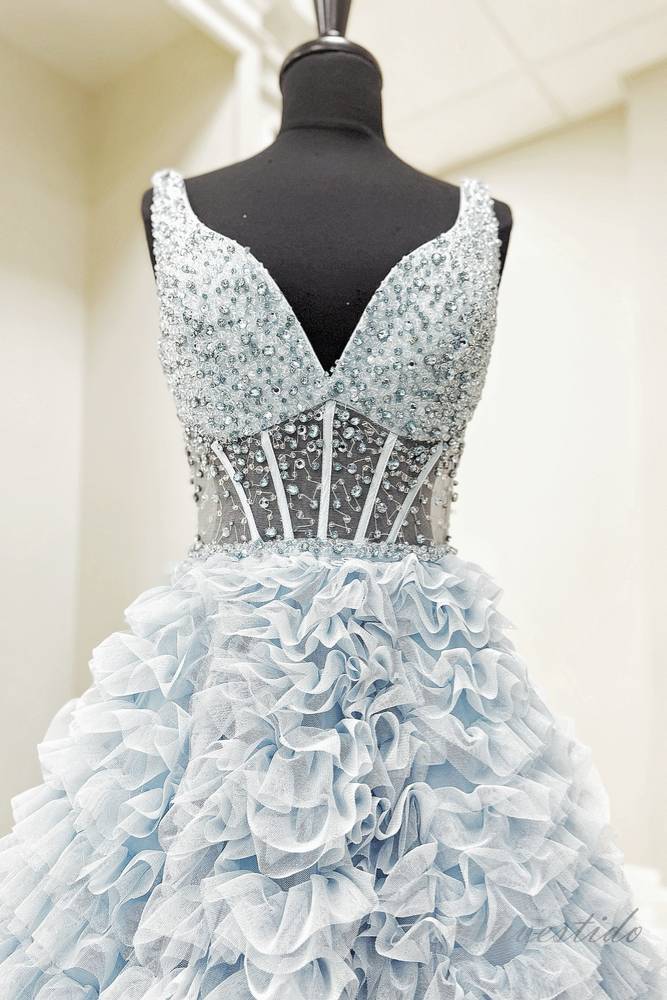 Light Blue V-Neck Beaded Layered A-Line Prom Dress