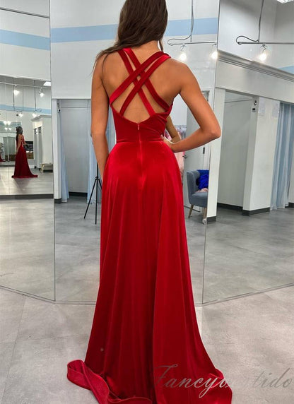 Plunging V-Neck Red Velvet A-Line Prom Dress with Slit