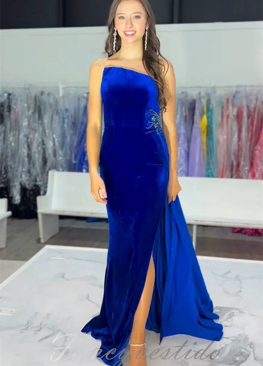 Asymmetrial Velvet Slit Mermaid Prom Dress with Train