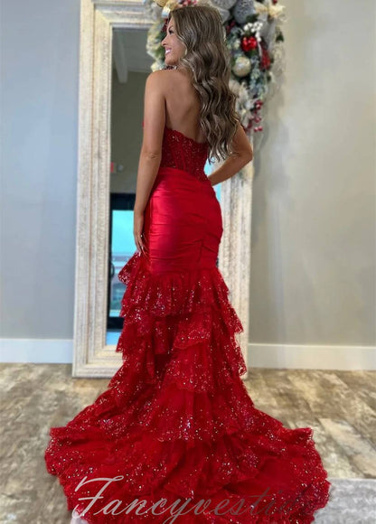 Dark Blue Sweetheart Applique Ruffle Mermaid Prom Dress