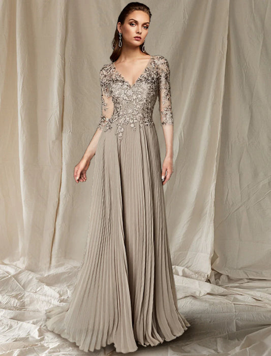 Aimishang A-Line Mother of the Bride Dress Wedding Guest Plus Size Elegant V Neck Floor Length Chiffon Lace Half Sleeve with Pleats Appliques