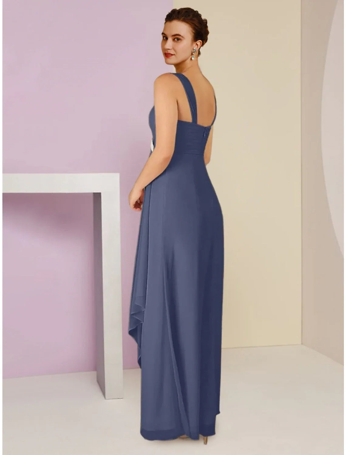 Aimishang  A-Line Mother of the Bride Dress Wedding Guest Elegant Square Neck Ankle Length Chiffon Long Sleeve with Crystal Brooch Ruching