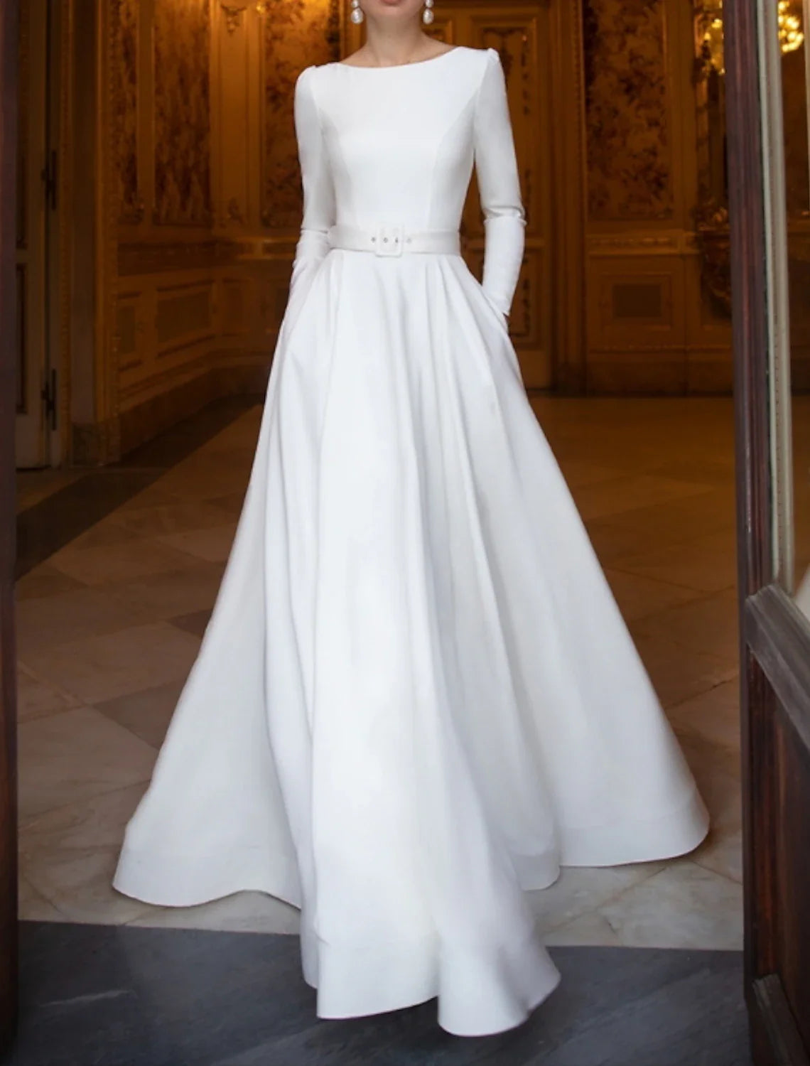 Aimishang Engagement Formal Fall Wedding Dresses A-Line Scoop Neck Long Sleeve Floor Length Satin Bridal Gowns With Sashes / Ribbons Buttons Summer Wedding Party