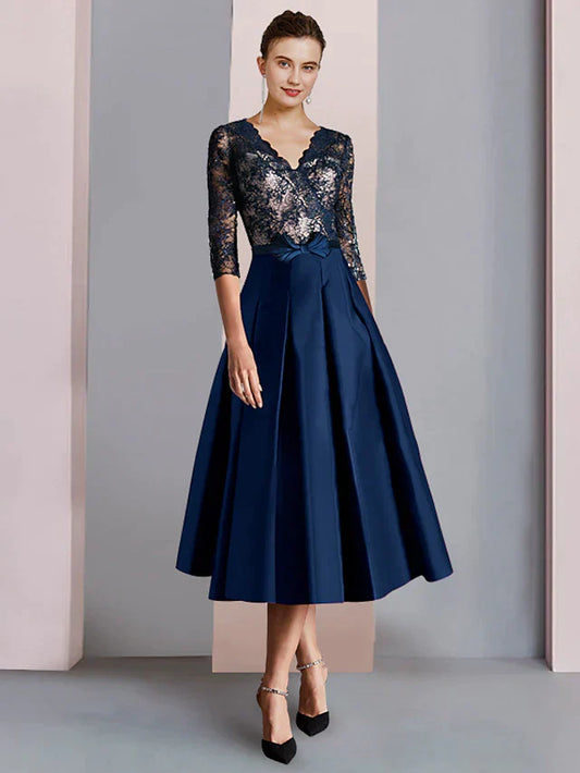 A-Line Mother of the Bride Dress Formal Wedding Guest Party Elegant V Neck Tea Length Satin Lace Half Sleeve with Bow(s) Ruching
