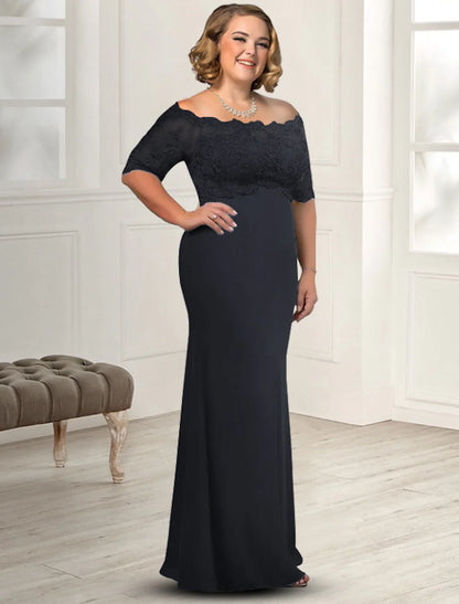 Aimishang  Sheath / Column Mother of the Bride Dress Plus Size Elegant Off Shoulder Floor Length Chiffon Lace Half Sleeve with Appliques