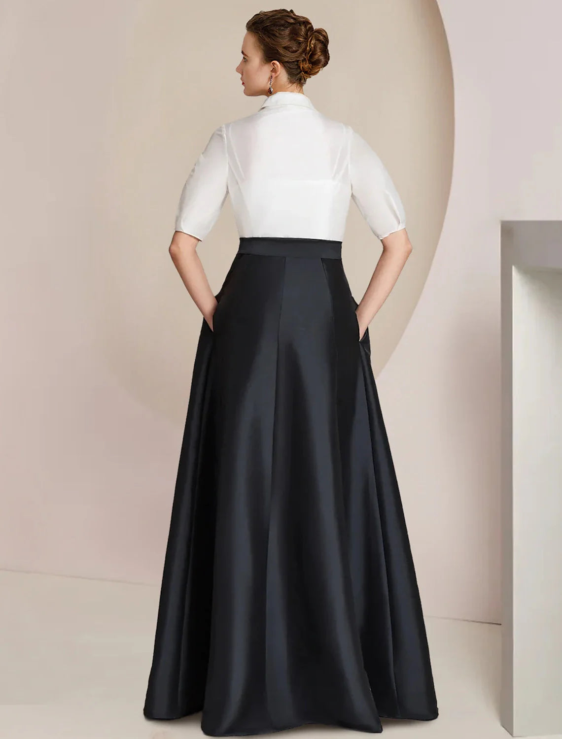 Aimishang A-Line Mother of the Bride Dress Formal Wedding Guest Party Elegant Shirt Collar Floor Length Taffeta Short Sleeve with Bow(s) Color Block