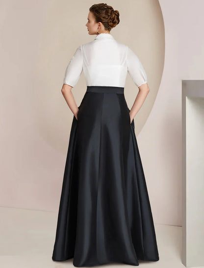 Aimishang A-Line Mother of the Bride Dress Formal Wedding Guest Party Elegant Shirt Collar Floor Length Taffeta Short Sleeve with Bow(s) Color Block