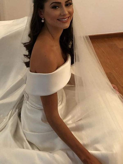 FY7279 Simple A Line Wedding Dresses Satin Off The Shoulder Wedding Dress