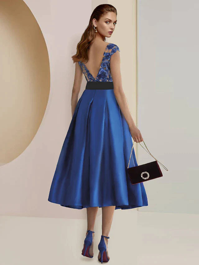 A-Line Mother of the Bride Dress Formal Wedding Guest Party Elegant Scoop Neck Tea Length Satin Lace Cap Sleeve with Pleats Appliques