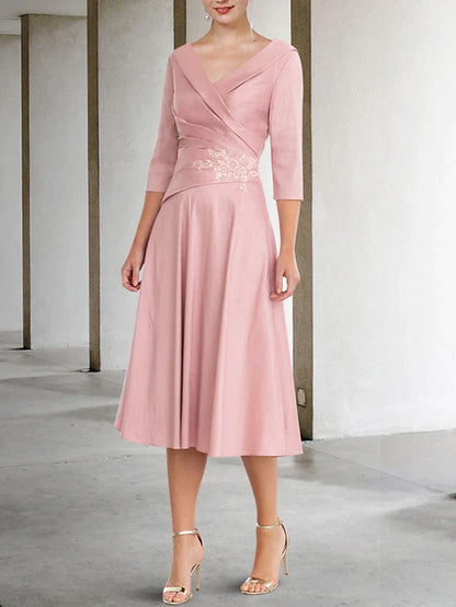 A-Line Mother of the Bride Dress Vintage Elegant V Neck Tea Length Satin Lace Half Sleeve with Appliques Side-Draped