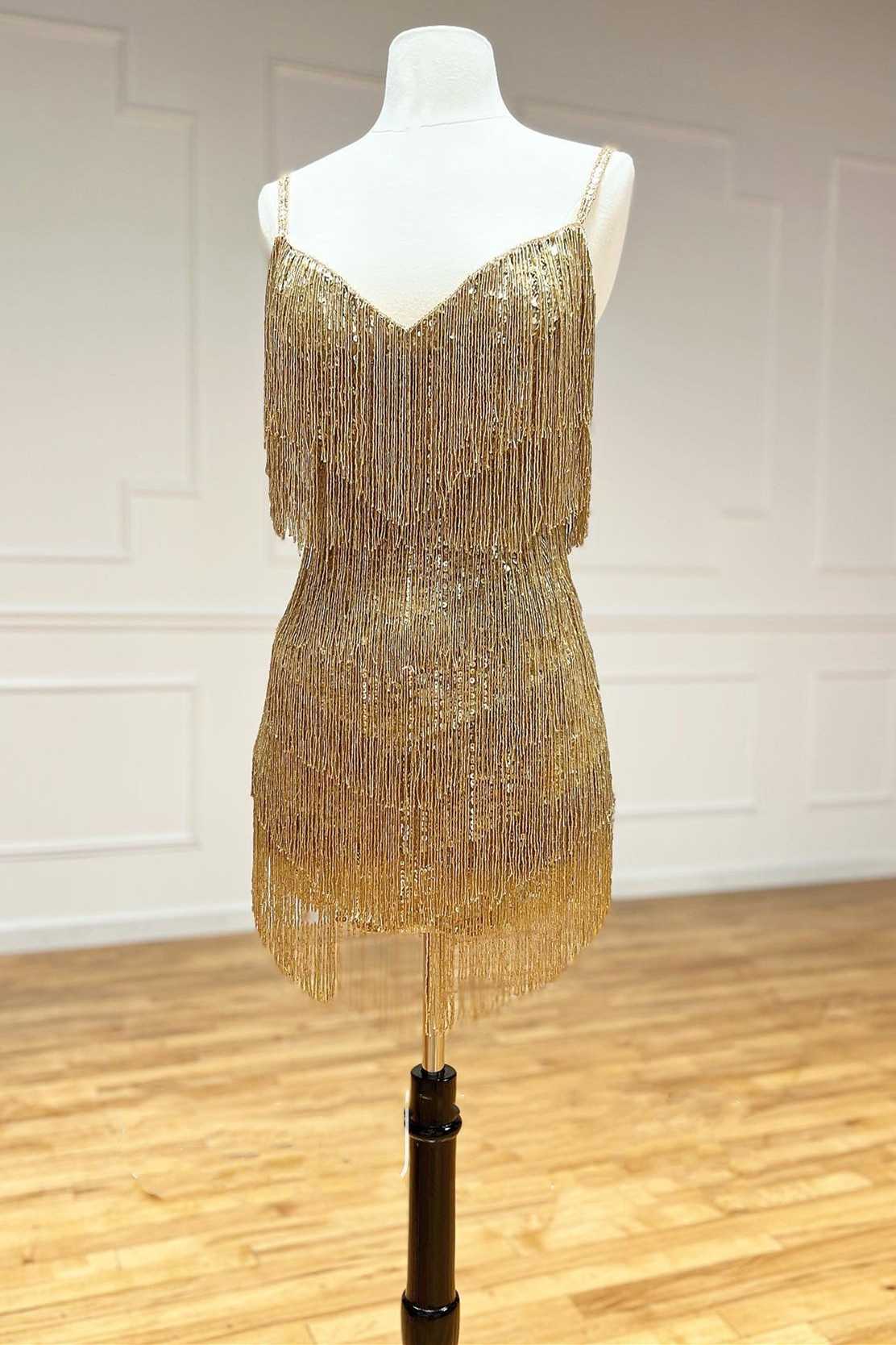 Gold V-Neck Blouson-Style Fringed Homecoming Dress