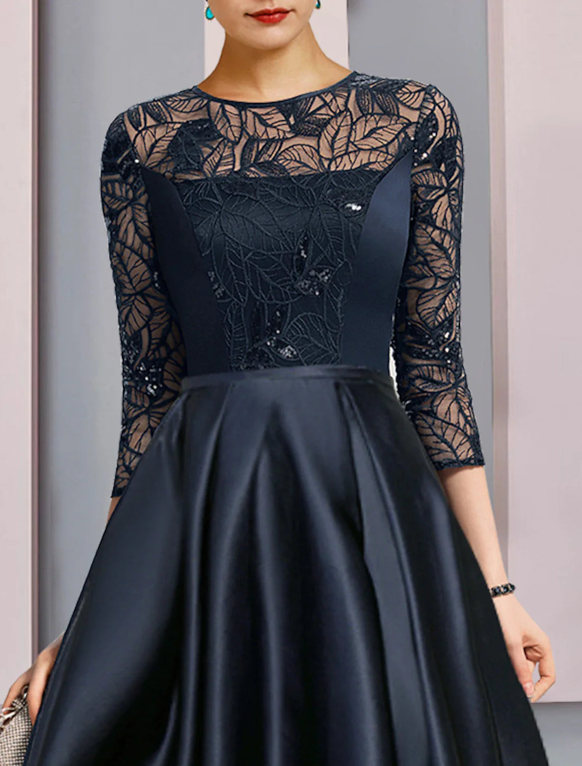 Aimishang A-Line Mother of the Bride Dress Wedding Guest Vintage Party Jewel Neck Asymmetrical Satin Lace Sequined Half Sleeve with Pleats