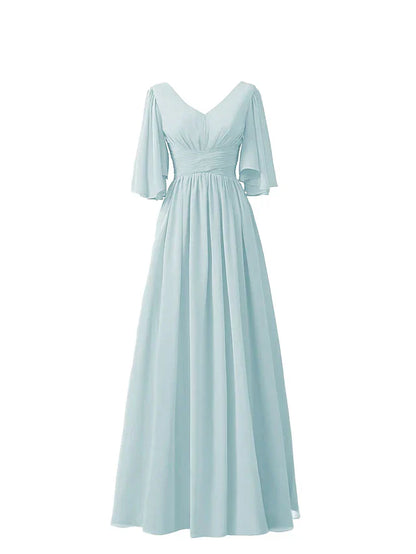 DingjiA-Line Bridesmaid Dress V Neck Half Sleeve Elegant Floor Length Chiffon with Pleats / Ruffles