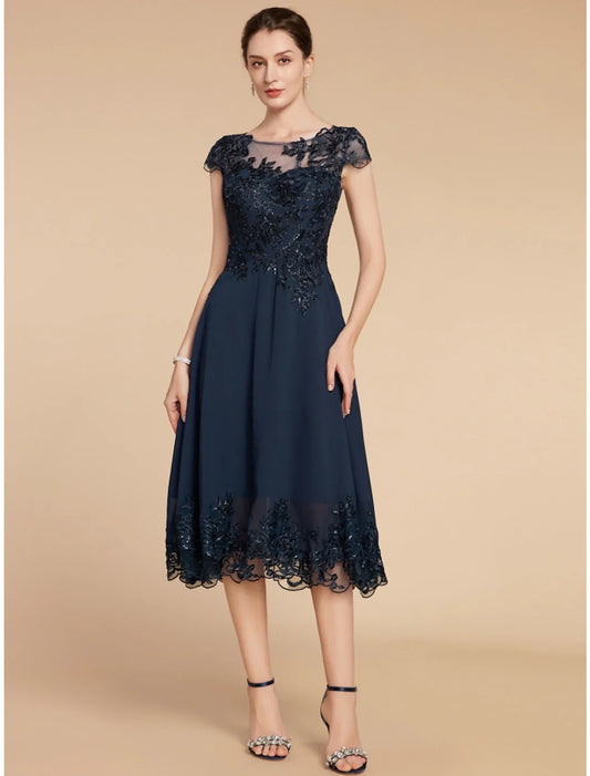 Aimishang  A-Line Mother of the Bride Dress Wedding Guest Elegant Petite Scoop Neck Tea Length Chiffon Lace Cap Sleeve with Sequin Ruching Solid Color