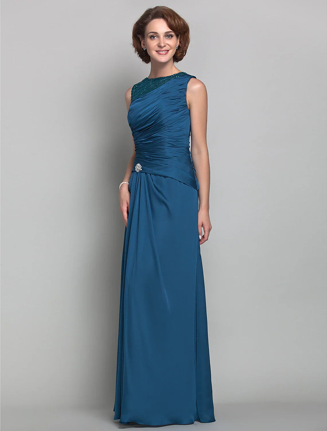 Aimishang Sheath / Column Mother of the Bride Dress Vintage Inspired Jewel Neck Floor Length Satin Chiffon Sleeveless with Beading