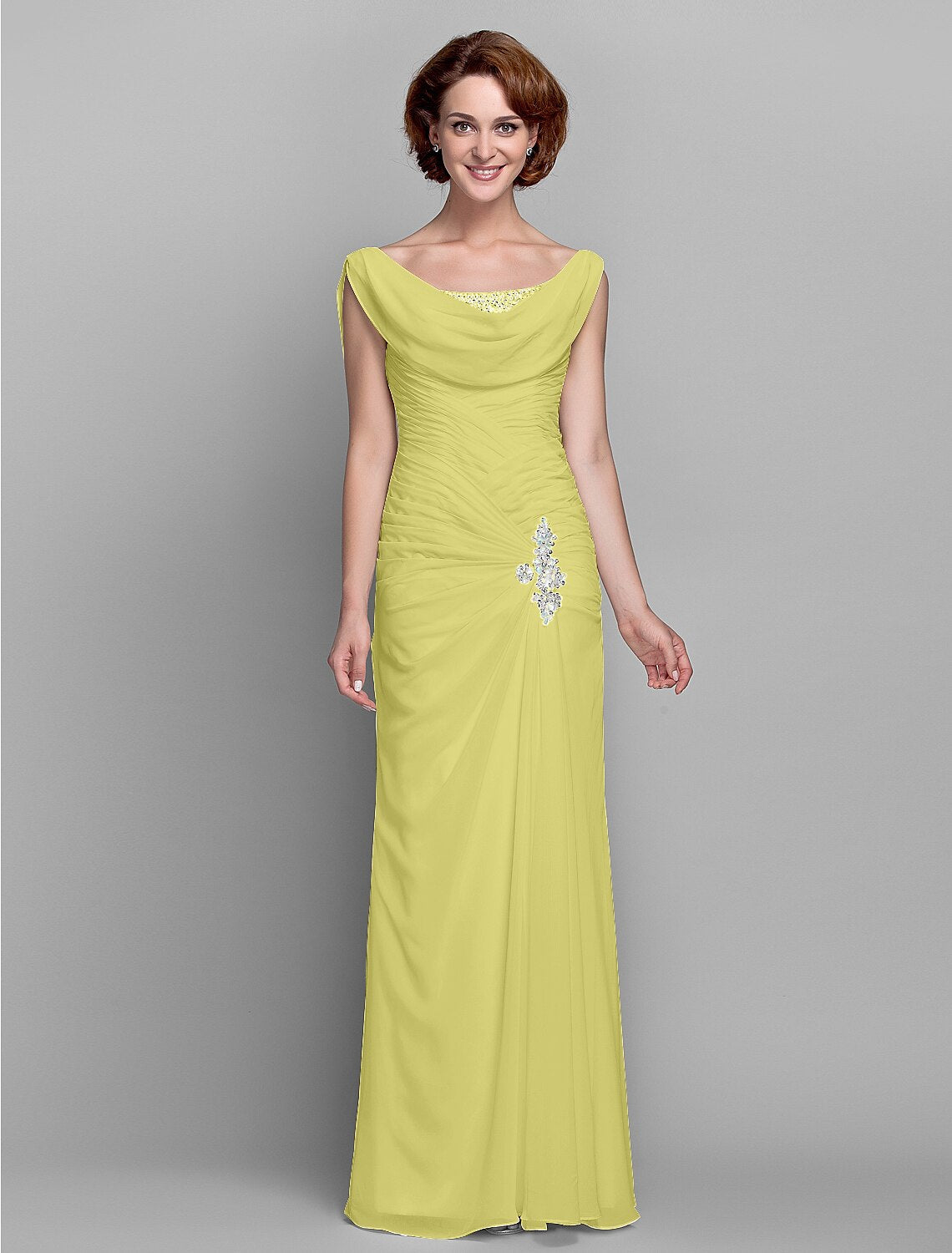 Aimishang Sheath / Column Mother of the Bride Dress Fall Wedding Guest Dresses Vintage Inspired Cowl Neck Floor Length Chiffon Sleeveless with Buttons Criss Cross Crystals