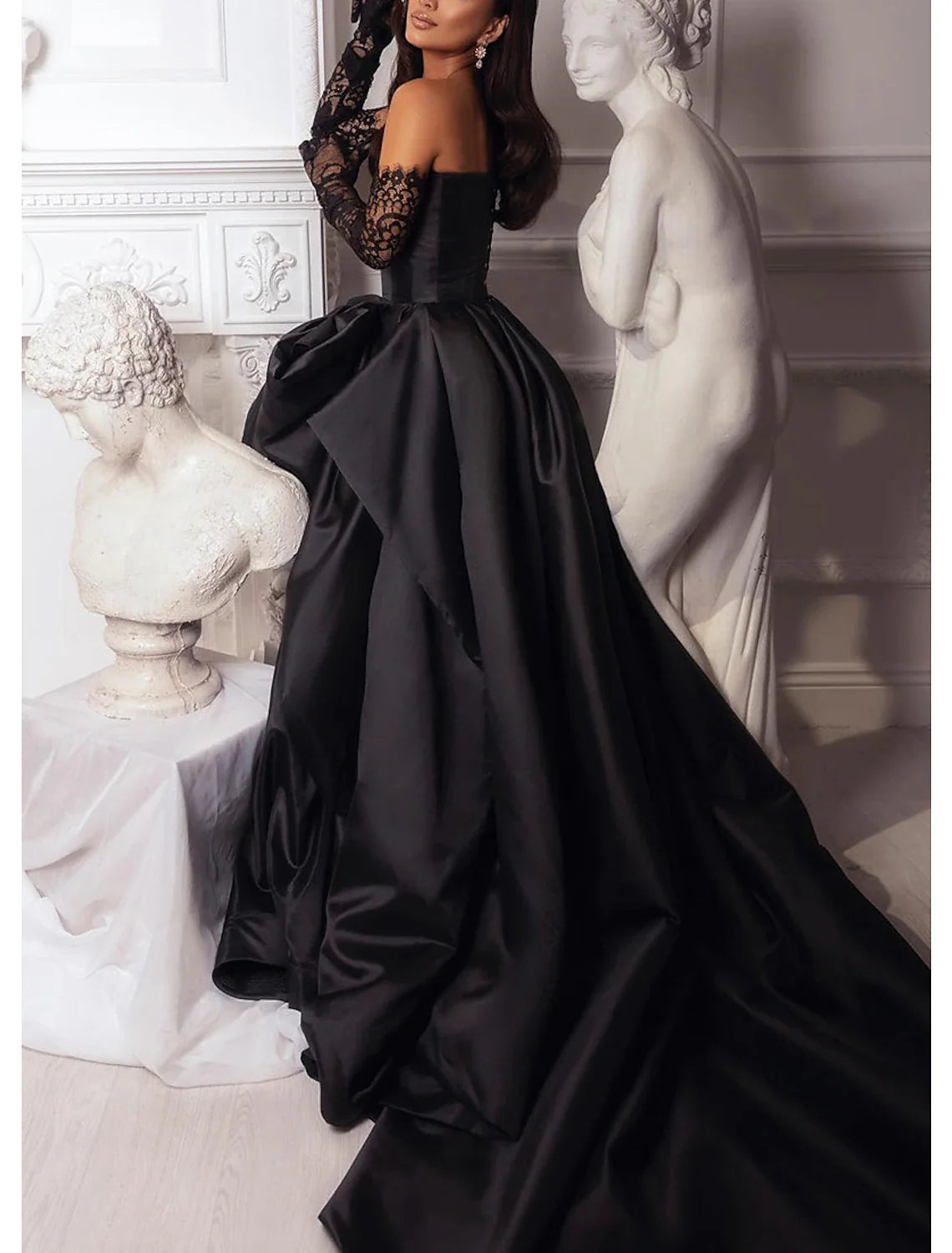 Aimishang A-Line Evening Gown Black Dress Plus Size Dress Carnival Masquerade Court Train Sleeveless Strapless Wednesday Addams Family Satin with Slit Pure Color Prom