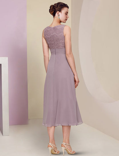 Aimishang  Two Piece Mother of the Bride Dress Wedding Guest Church Elegant Jewel Neck Tea Length Chiffon Lace Half Sleeve with Solid Color
