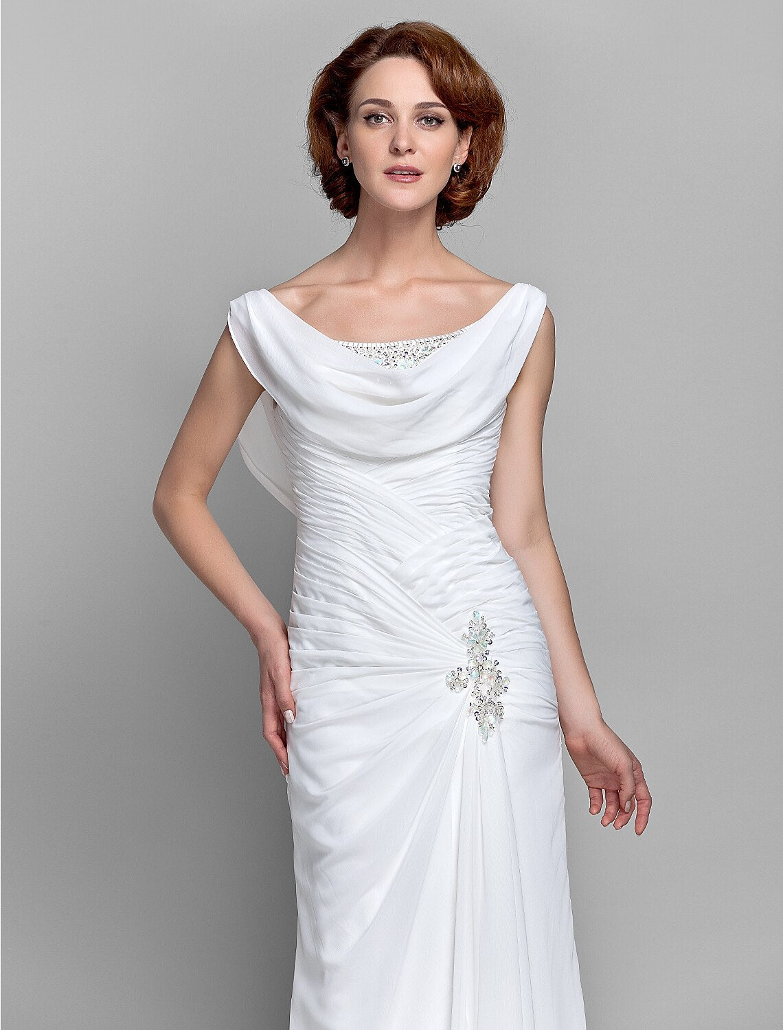 Aimishang Sheath / Column Mother of the Bride Dress Fall Wedding Guest Dresses Vintage Inspired Cowl Neck Floor Length Chiffon Sleeveless with Buttons Criss Cross Crystals