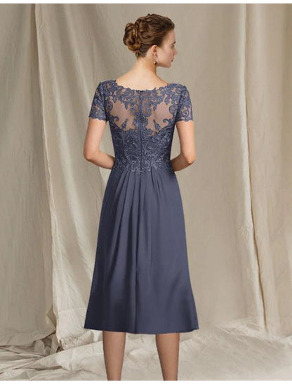 Aimishang A-Line Mother of the Bride Dress Plus Size Elegant V Neck Tea Length Chiffon Lace Short Sleeve with Pleats Appliques