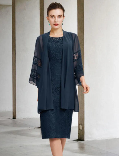 Aimishang Two Piece Sheath / Column Mother of the Bride Dress Wedding Guest Plus Size Elegant Jewel Neck Knee Length Chiffon Lace Sleeveless with Beading Appliques Fall