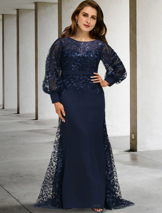 Aimishang  Mermaid / Trumpet Mother of the Bride Dresses Plus Size Hide Belly Curve Vintage Dress Formal Sweep / Brush Train Long Sleeve Jewel Neck Chiffon with Sequin Ruffles