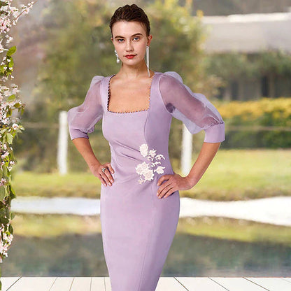 Sheath / Column Mother of the Bride Dress Elegant Square Neck Knee Length Stretch Chiffon Half Sleeve with Appliques