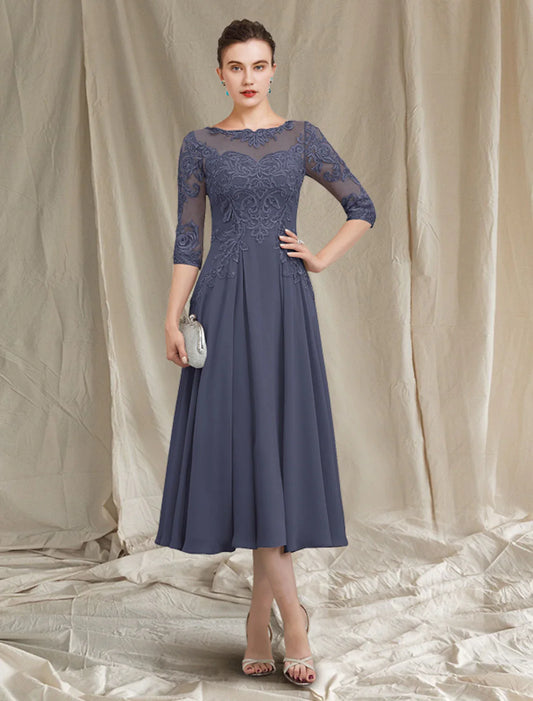 Aimishang  A-Line Mother of the Bride Dress Elegant Jewel Neck Tea Length Chiffon Lace Half Sleeve with Pleats Appliques
