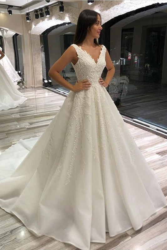 Glamorous A-line V-neck Sleeveless Long Wedding Dress With Lace