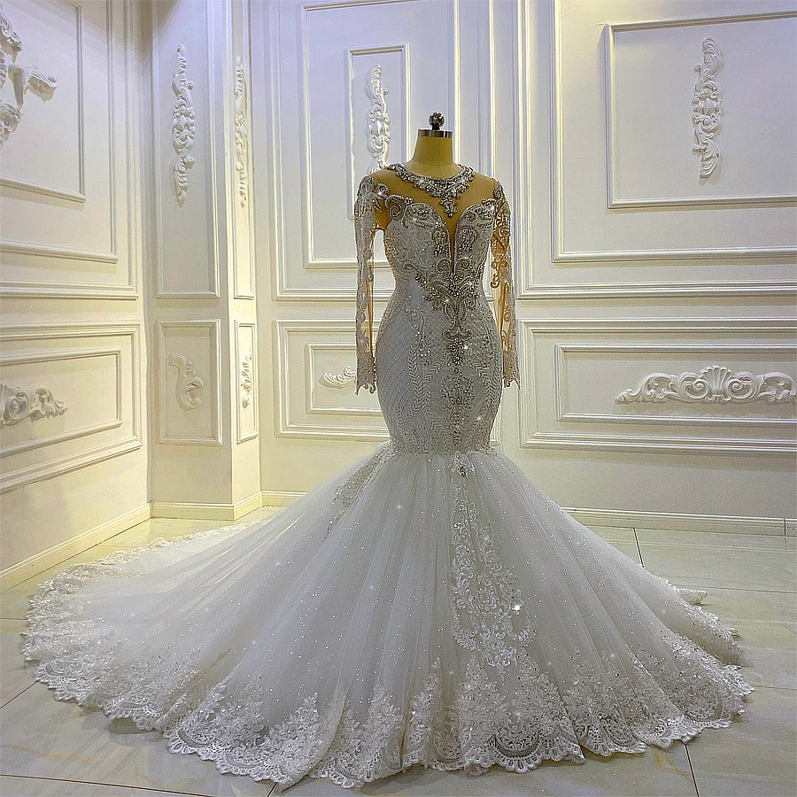 Glamorous Bateau Long Sleeves Pearl Sequins Mermaid Wedding Dress with Lace Appliques Beading