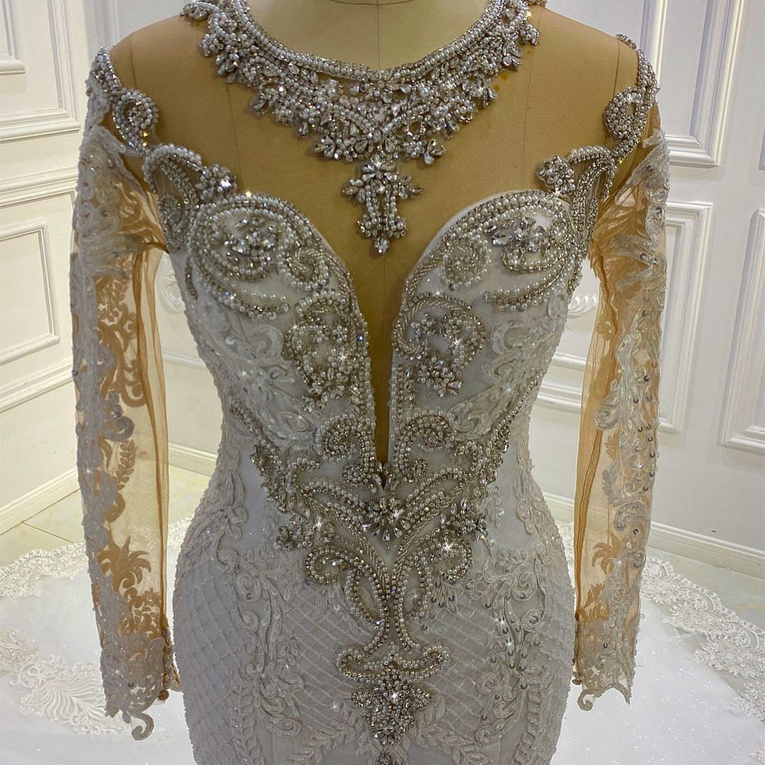 Glamorous Bateau Long Sleeves Pearl Sequins Mermaid Wedding Dress with Lace Appliques Beading
