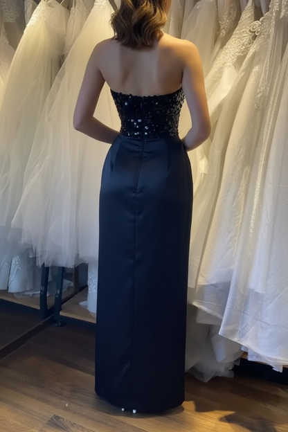 Glamorous Satin Black Prom Dress with Sequins Sleeveless High Slit Evening Dress