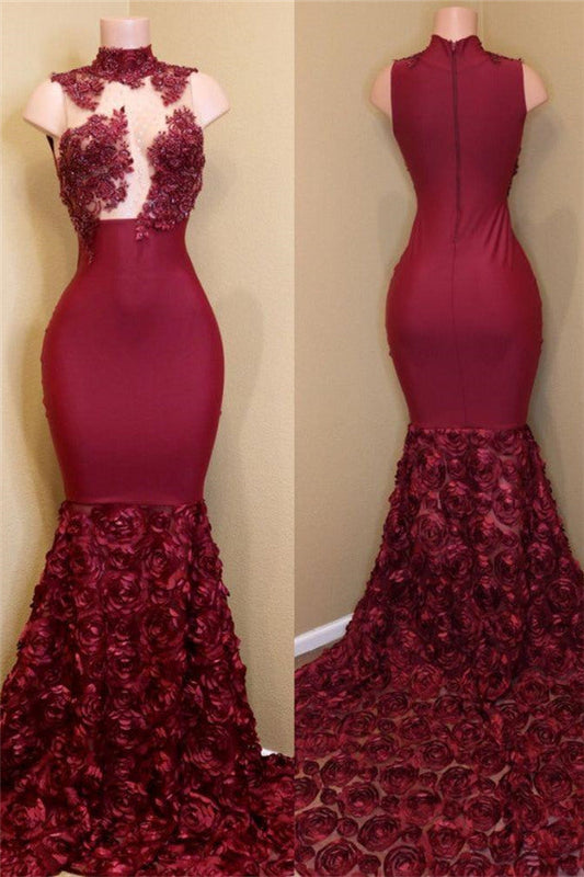 Glamorous Burgundy Mermaid High Neck Flowers Party Dress