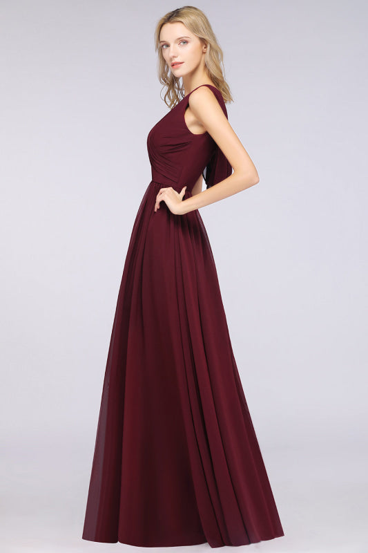 Glamorous Chiffon V-Neck Sleeveless Burgundy Bridesmaid Dress