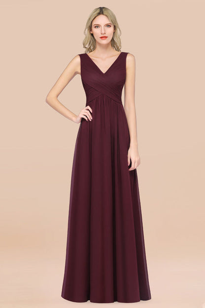 Glamorous Chiffon V-Neck Sleeveless Burgundy Bridesmaid Dress