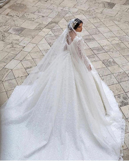 Glamorous Deep V-Neck Long Sleeve Train Wedding Dress with Lace Appliques