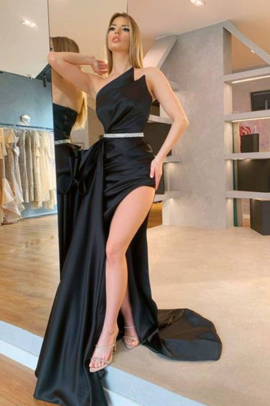 Glamorous Fuchsia Charmeuse Prom Dress High Slit with Flowing Train