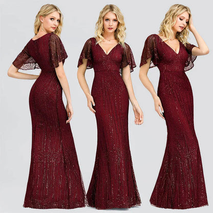 Glamorous Green Short Sleeve Prom Dress Long Mermaid Evening Gowns With Beadings