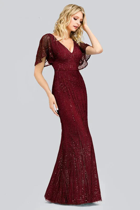Glamorous Green Short Sleeve Prom Dress Long Mermaid Evening Gowns With Beadings