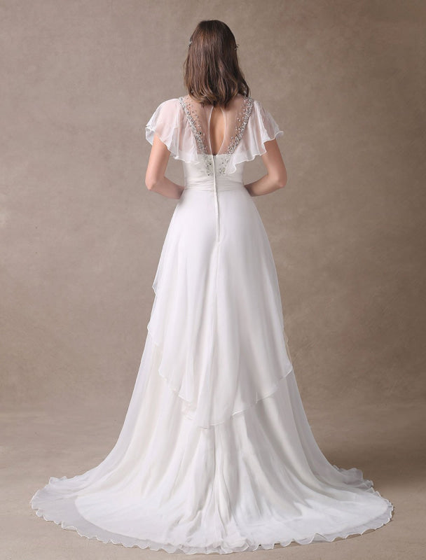 Glamorous Ivory Court Train Wedding Dress With Beading V-Neck Bridal Dress